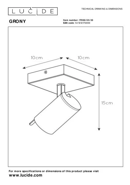 Lucide GRONY - Plafondspot - LED Dim to warm - GU10 - 1x5W 2200K/3000K - Zwart - technisch